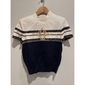 St John Evening Sweater Navy Cream Gold Embellished Size 2‎ FLAW